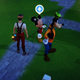 Mickey Mouse in Disney Dreamlight Valley looks up at the player with some unsettling and misshapen eyes.
